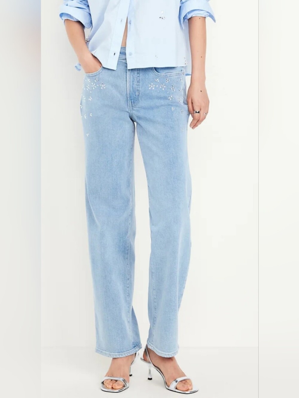 NWT Old Navy Women OG  Loose Embellished Rhinestones Blue Jeans +size Sz 26